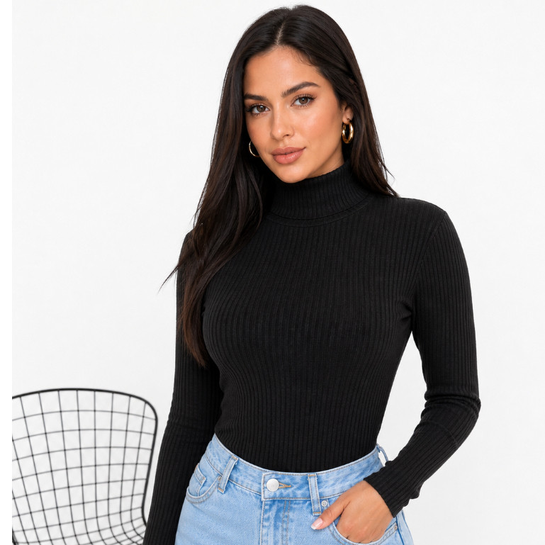 Blusa Cacharrel Feminina Manga Longa Canelada Gola Alta Ajustável Inverno Moda Blogueira
