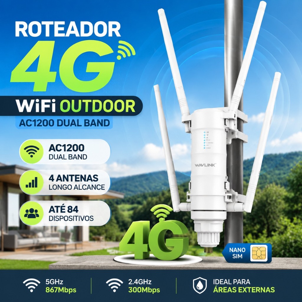 Roteador 4G WiFi Outdoor Wavlink AC1200 Dual Band 2.4/5GHz Com Chip Nano SIM Longo Alcance
