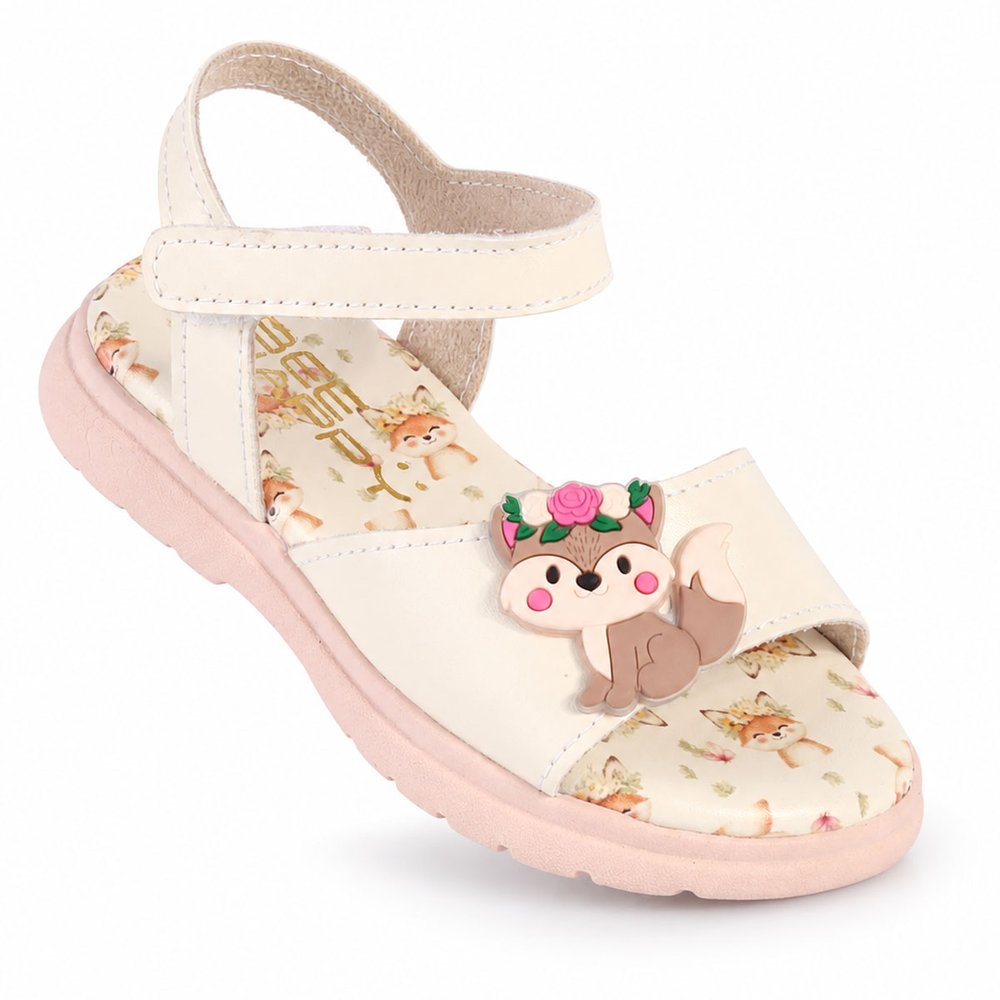Sandália Rasteira Infantil Menina Bee Happy Off-White com Aplique de Raposinha e Palmilha Estampada