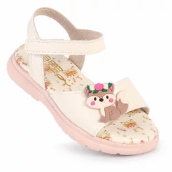 Sandália Rasteira Infantil Menina Bee Happy Off-White com Aplique de Raposinha e Palmilha Estampada
