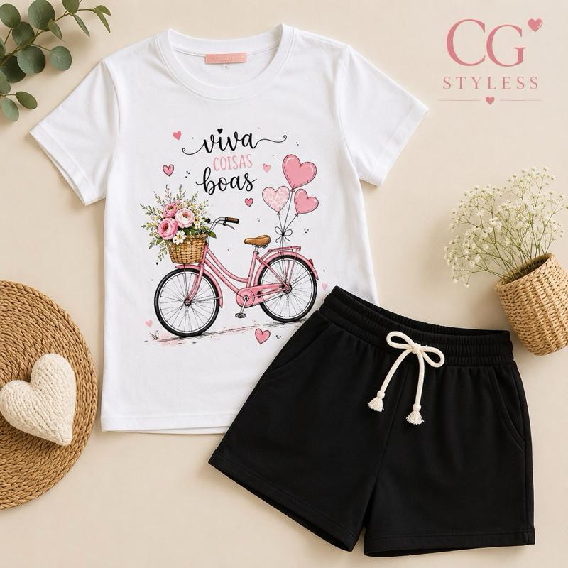 Conjunto Infantil Feminino Viva Coisas Boas bicicleta – Camiseta Estampada + Short Moletinho | Look Fofo e Confortável