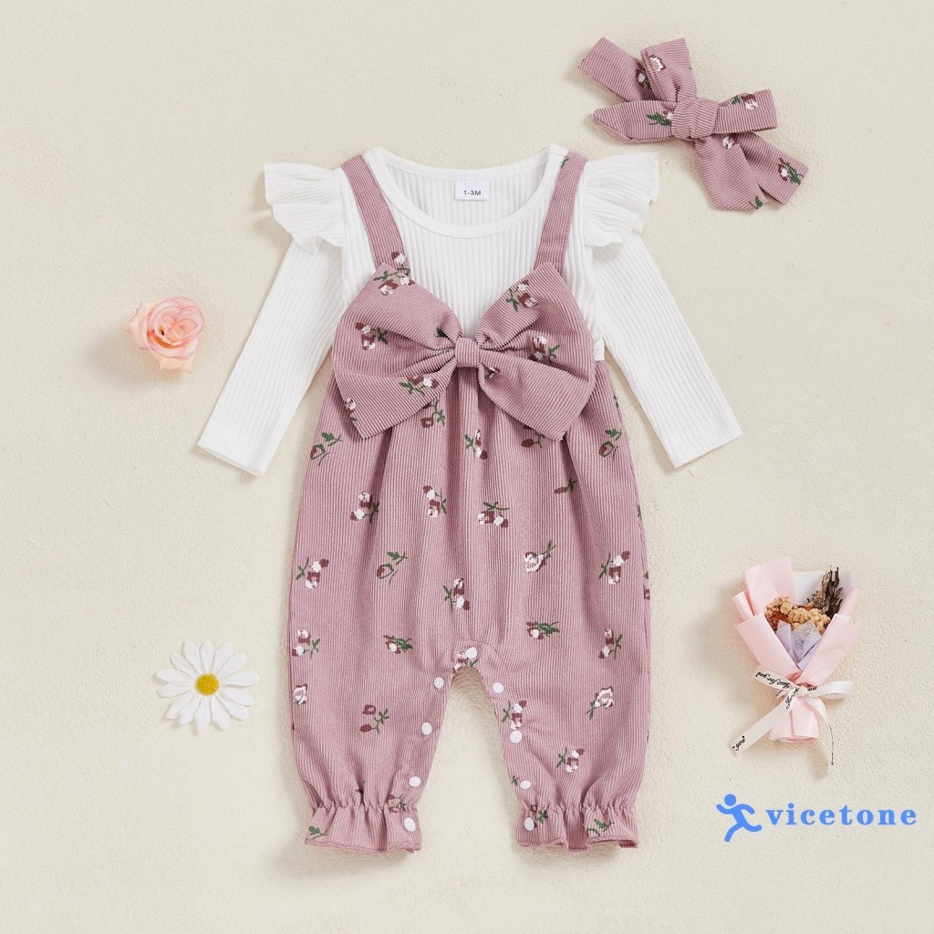 VIC-Conjunto Roupa Bebê Menina 2 Peças Blusa Manga Longa + Macacão Suspensório Estampa Floral Com Laço + Faixa De Cabelo — imagem 2 de 2