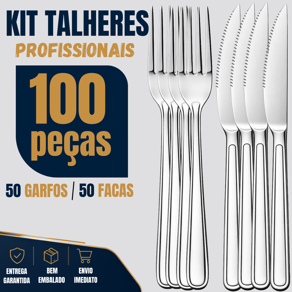 Combo 100 Talheres de Aço Inox com 50 Facas e 50 Garfos para Refeições, Restaurantes, Eventos e Festas
