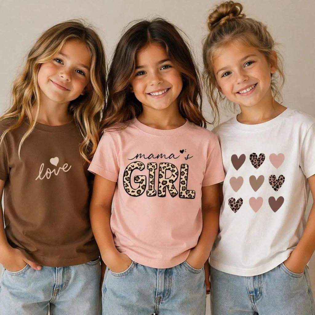Kit 3 Camisetas Infantil Variadas Feminina Algodão Estampada Corações Várias Cores