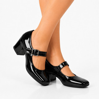 Sapato Feminino Mary Jane Boneca Salto Bloco Confortável Bico Quadrado Elegante Casual Moderno Luxo