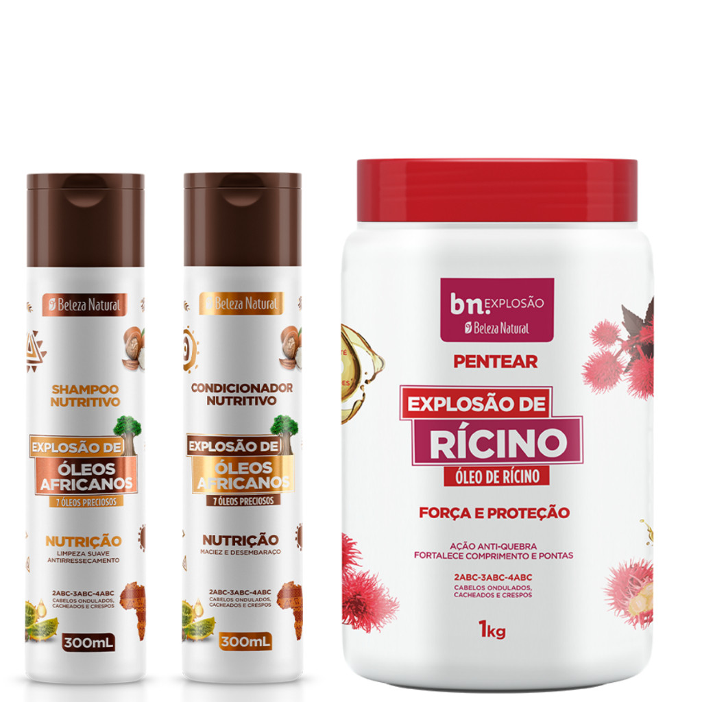 Kit Beleza Natural Shampoo + Condicionador 300ml Óleos Africanos + Creme de Pentear Rícino 1Kg