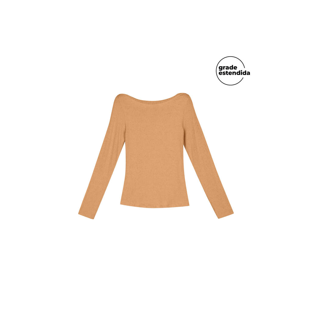 Blusa Feminina Comfy Manga Longa Canelada Marialícia Laranja