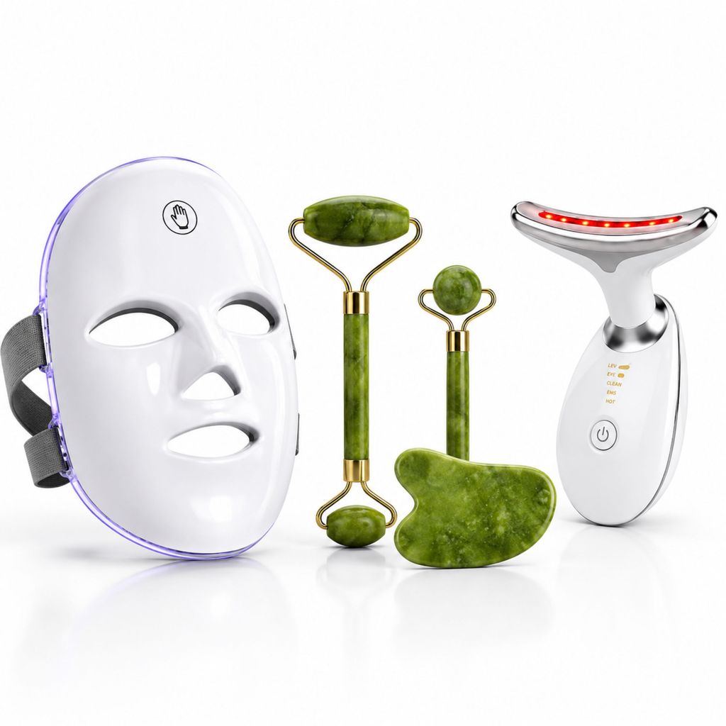 Kit Skincare Máscara LED 7 Cores + Massageador + 2 Jade Rollers Gua Sha