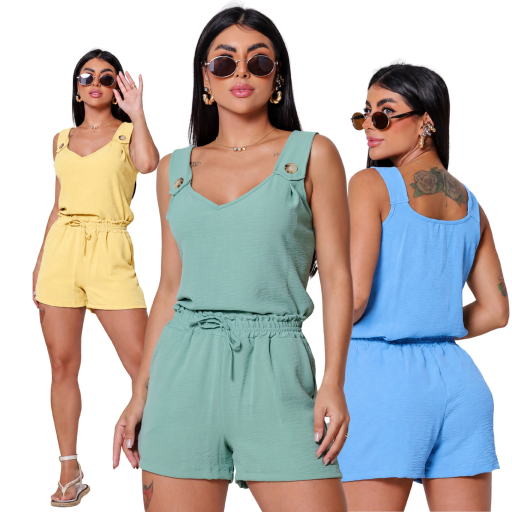 Conjunto Feminino Regata e Short Duna com Botões e Cós Elástico
