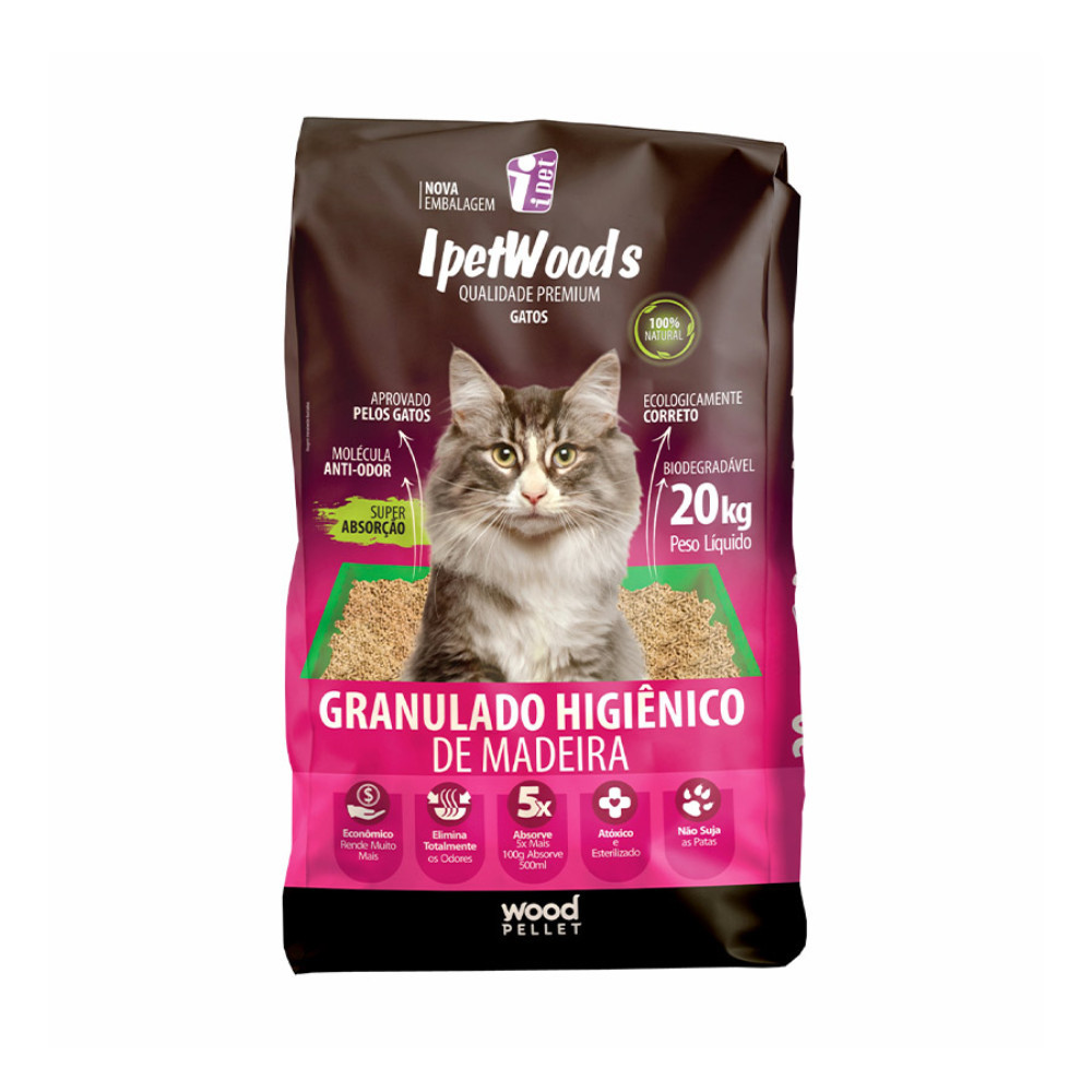 Areia higiênica para gatos Ipet Woods granulado de madeira - 20kg