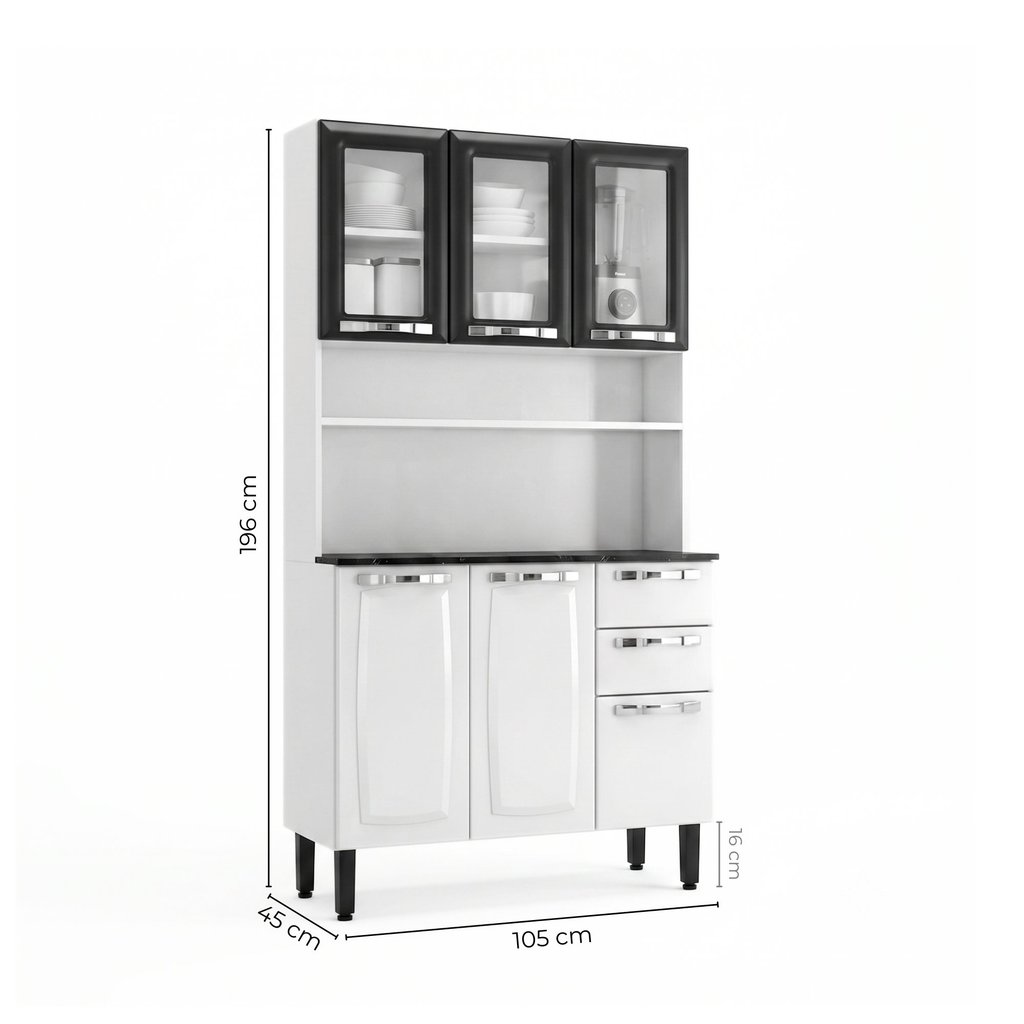 Armário de Cozinha em Aço com Vidro e Bancada 6 Portas 2 Gavetas 195cm Pratika Itatiaia Branco/Preto Branco/Preto · foto 2