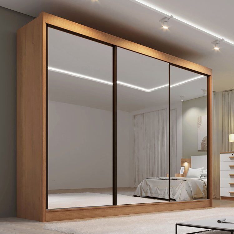 Guarda Roupa Casal MDF Espelhado 3 Portas 6 Gavetas Qatar Marrom/Cinamomo Cinamomo