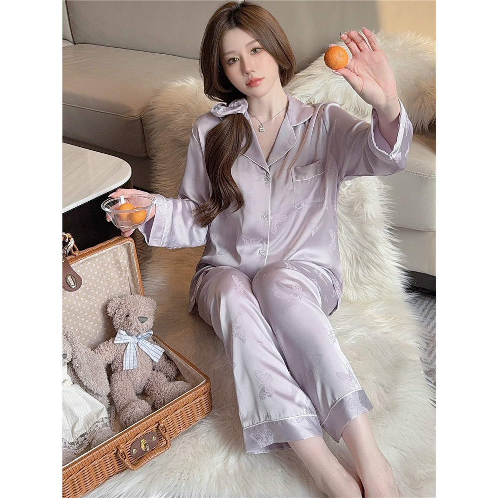 Primavera outono luz luxo Premium cetim gelo seda pijamas feminino manga longa 2026 novo estilo arco de seda Jacquard Ho