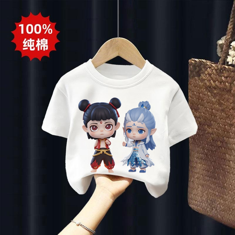 Nezha crianças All-Match camiseta de manga curta Ao Bing 2025 crianças meninos meninas topos médio pequeno crianças dos 