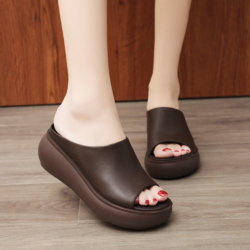 Sandálias de sola grossa femininas verão exterior usar confortável plataforma marrom sandálias de salto alto tamanho gra