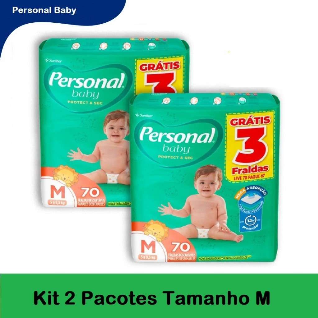 Kit 2 Fraldas Personal Baby M 70 Unidades | Total 140 Fraldas | Protect & Sec