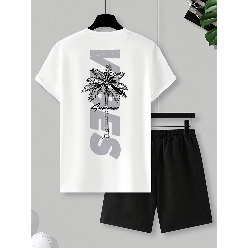 Verão respirável de secagem rápida coco impressão Shorts de manga curta terno masculino praia férias lazer esportes tern