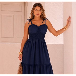 Vestido Longo Alça Feminino Tecido Leve Duna Elastano Fresco Confortável Moda Elegante Tendência Passeio Exclusivo