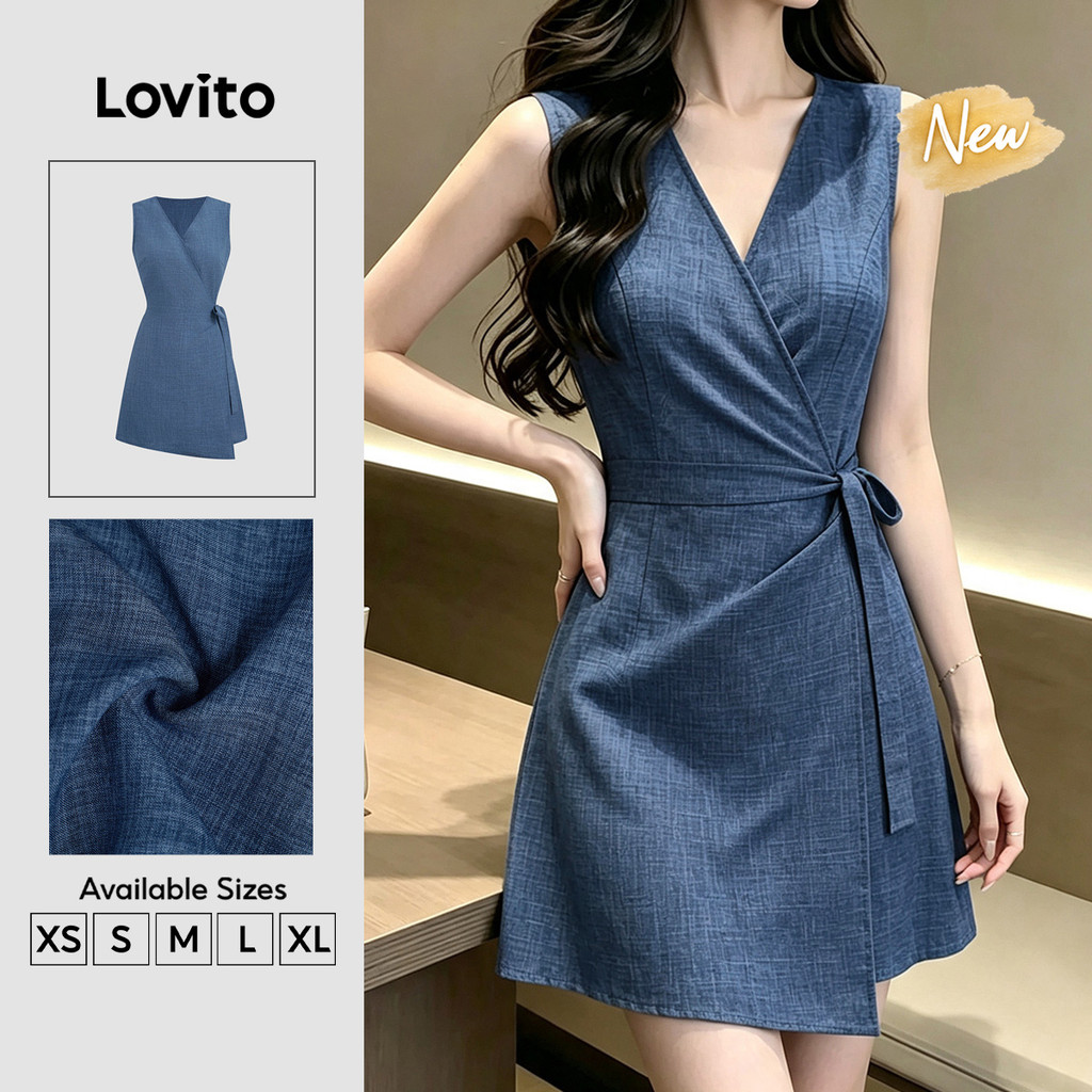 (New Arrival) Lovito Vestido Casual Azul de Renda e Pregas para a primavera/verão DRB203TD211