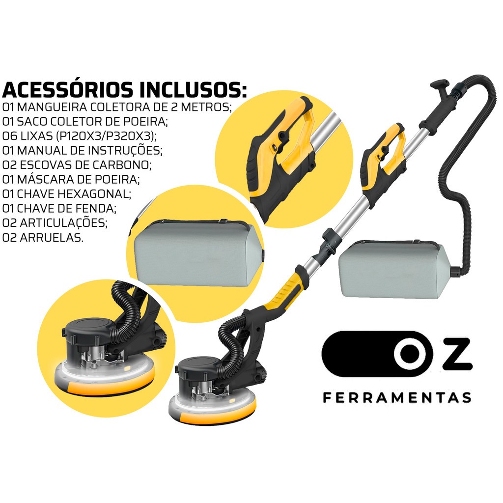 Lixadeira Teto E Parede Telescópica Profissional C/ Led E Saco Coletor 60hz