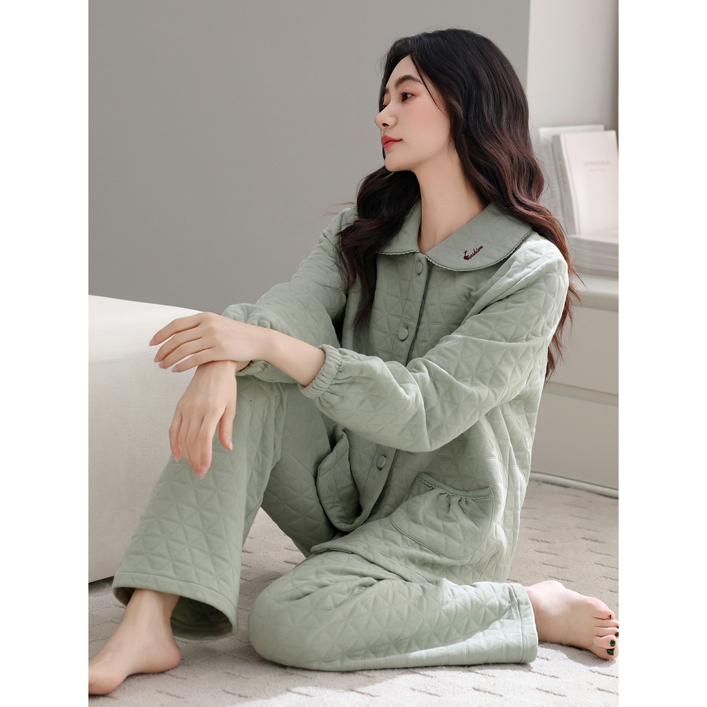 Pijamas femininos primavera outono engrossado algodão puro de manga comprida outono inverno acolchoado High-End ar algod