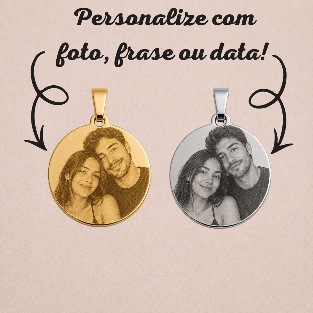 Kit 5 Pingentes Medalha Personalizados a Laser Foto, Frase, Simbolo, Data, Nome/ Aço inox Banhado Ouro e Prata