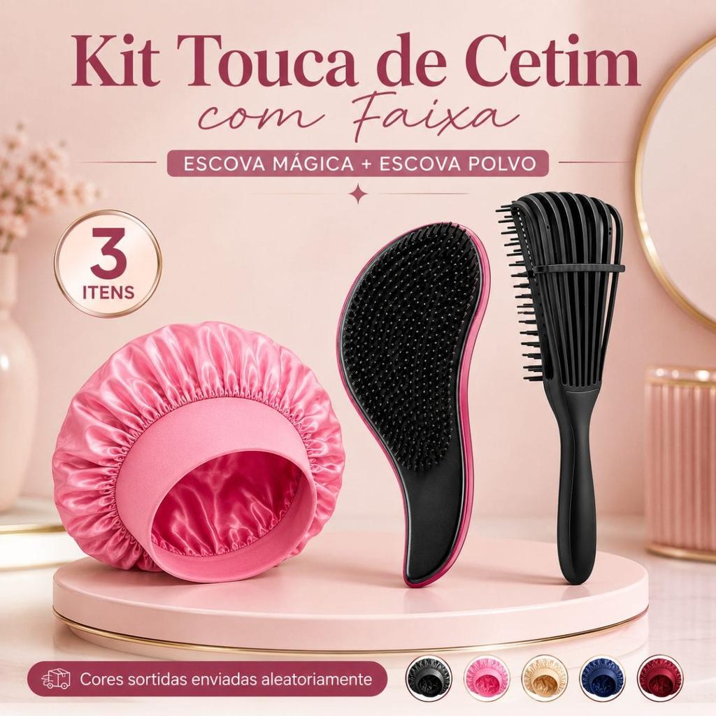 Kit Touca de Cetim com Faixa + Escova Mágica Compacta + Escova Polvo Flexível – 3 itens, Cores Sortidas
