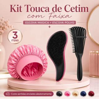 Kit Touca de Cetim com Faixa + Escova Mágica Compacta + Escova Polvo Flexível – 3 itens, Cores Sortidas