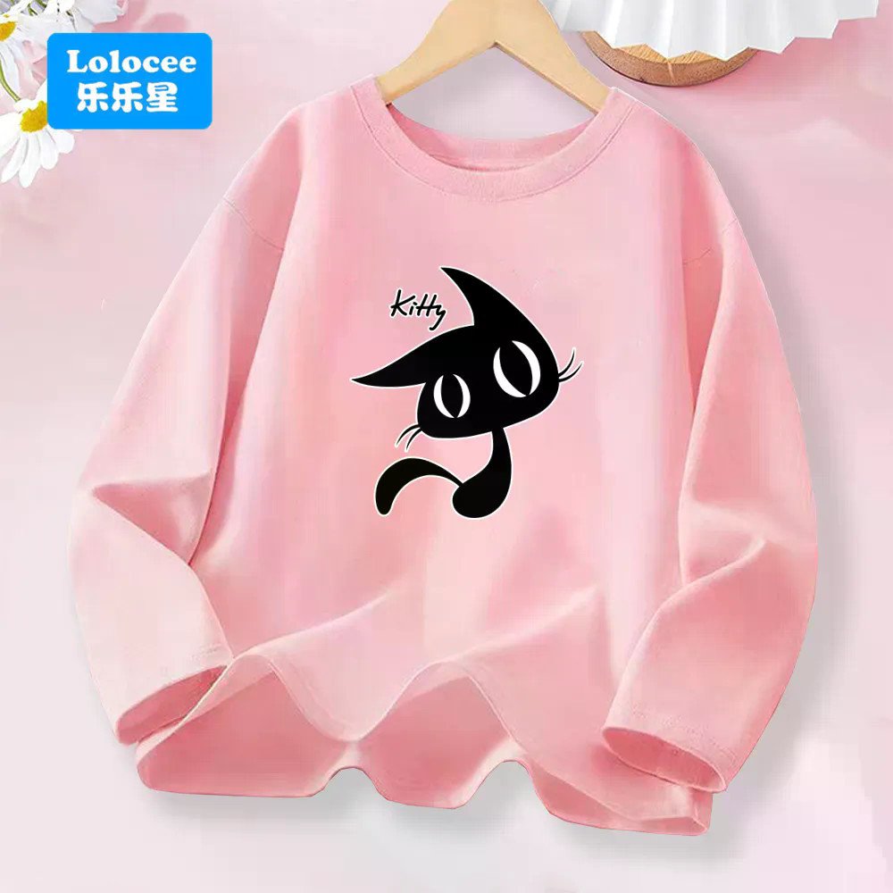 Camiseta Infantil De Manga Comprida Com Gola Redonda , Desenho Animado , Gato Preto , Estampa Gráfica , Macia , Casual ,