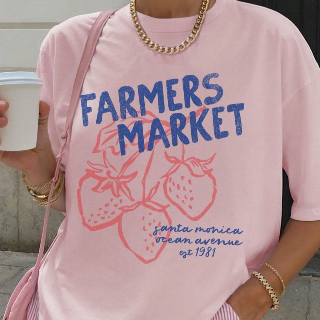 Camiseta Feminina Básica Moderna 100% Algodão Manga Curta Confortável Leve Casual Estampada com: Farmers Market