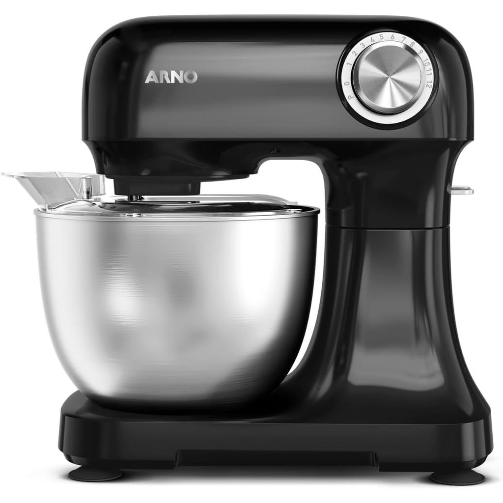 Batedeira Arno Planetária Bake Easy KM10, 500W, 110V Preta com Tigela Inox, 3,5L, 12 Vel, 3 Batedores, Tampa Anti-Res