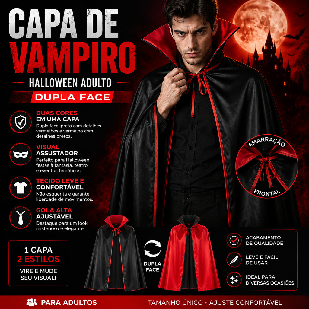 Capa de Vampiro Adulto Dupla Face Preta Vermelha Fantasia Halloween Drácula Festa Cosplay