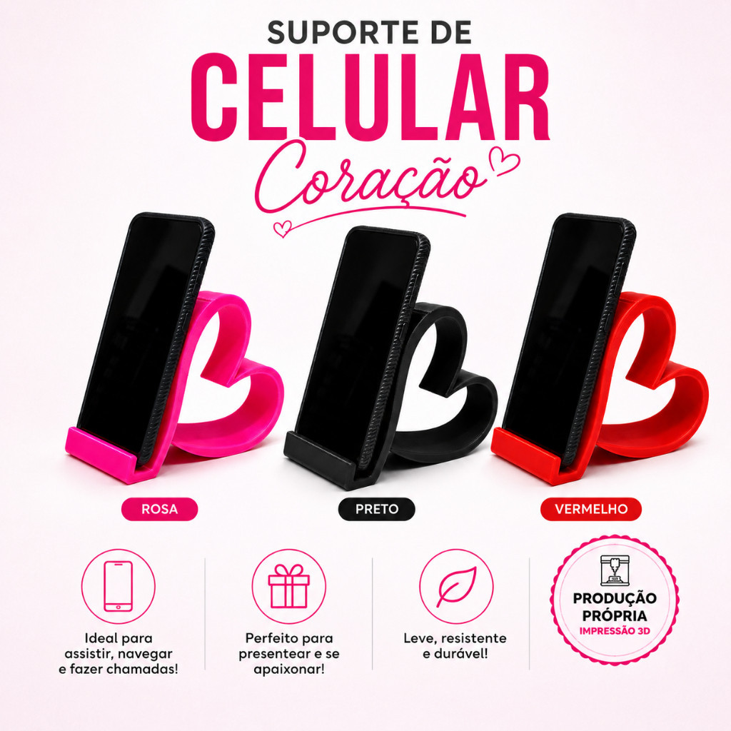 Suporte de Celular Coração 3D | Apoio para Smartphone | Organizador de Mesa Decorativo