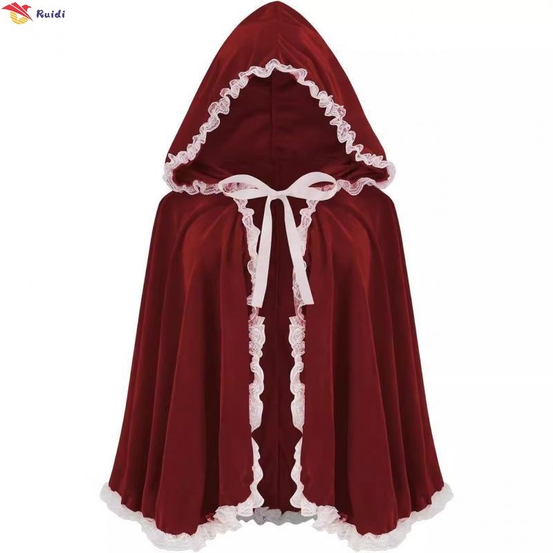 Capa De Halloween Com Capuz Vermelho – Corta-Vento Curto Retrô Feminino De Renda Para Performance Em Palco