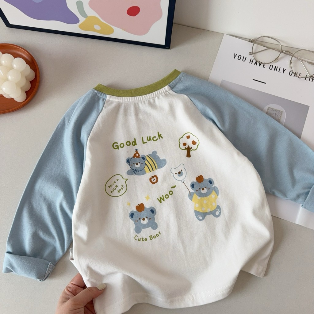 Primavera novo estilo meninos bonito dos desenhos animados puro algodão manga comprida camiseta ~ crianças soltas casuai