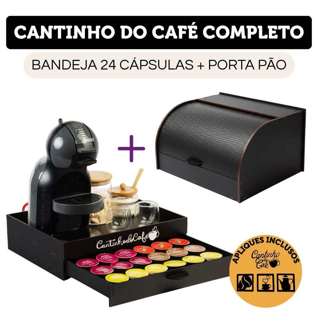 Kit Bandeja Porta 24 Cápsulas + Caixa Porta Pão Organizador + Apliques Cantinho do Café Completo MDF