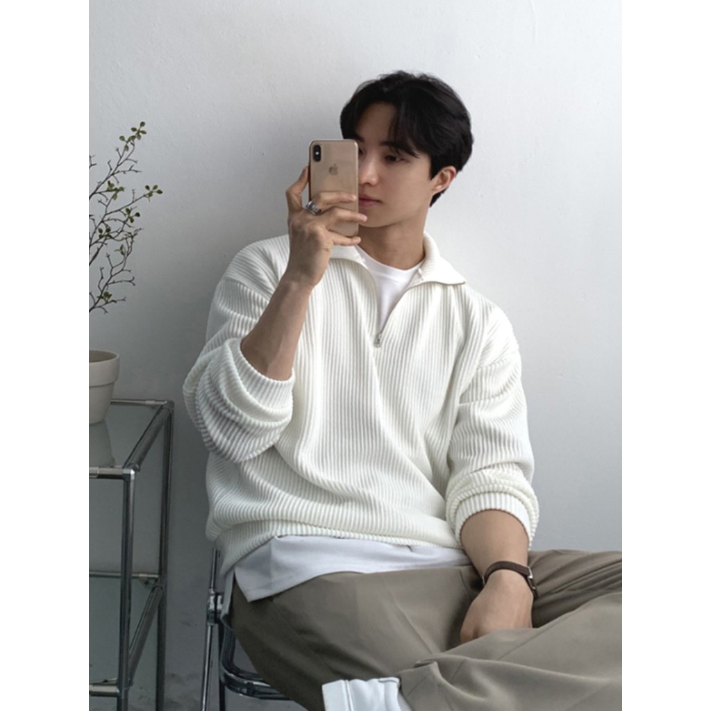 Coreano luz luxo veludo moletom masculino High-End solto camisa polo de manga comprida americano meio zíper listrado jaq