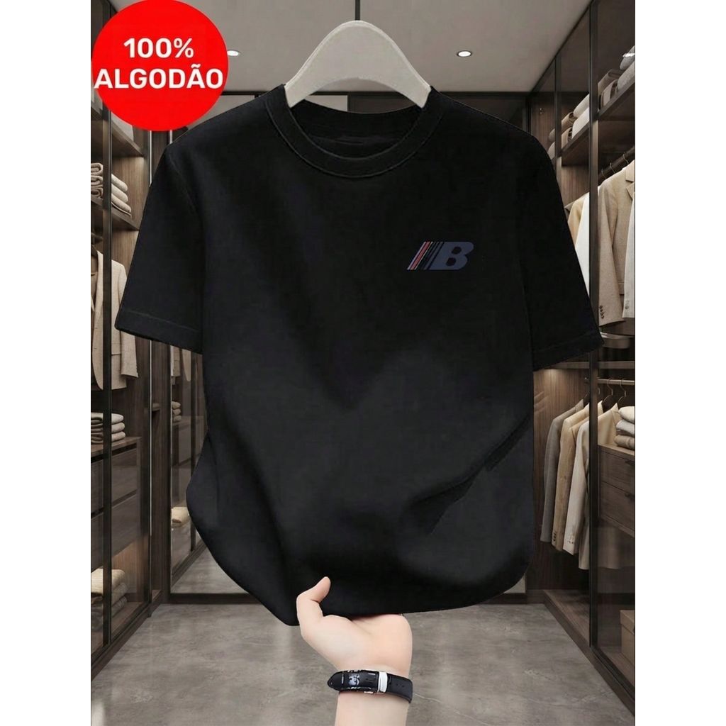 Camiseta Masculina 100% Algodão Gola Redonda Estampa de Letra B Camisa Casual Lançamento