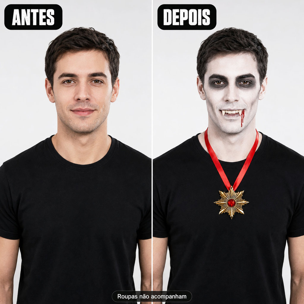 Kit Maquiagem Artística Vampiro Halloween com Sangue Falso, Dentadura e Medalhão — imagem 2 de 2