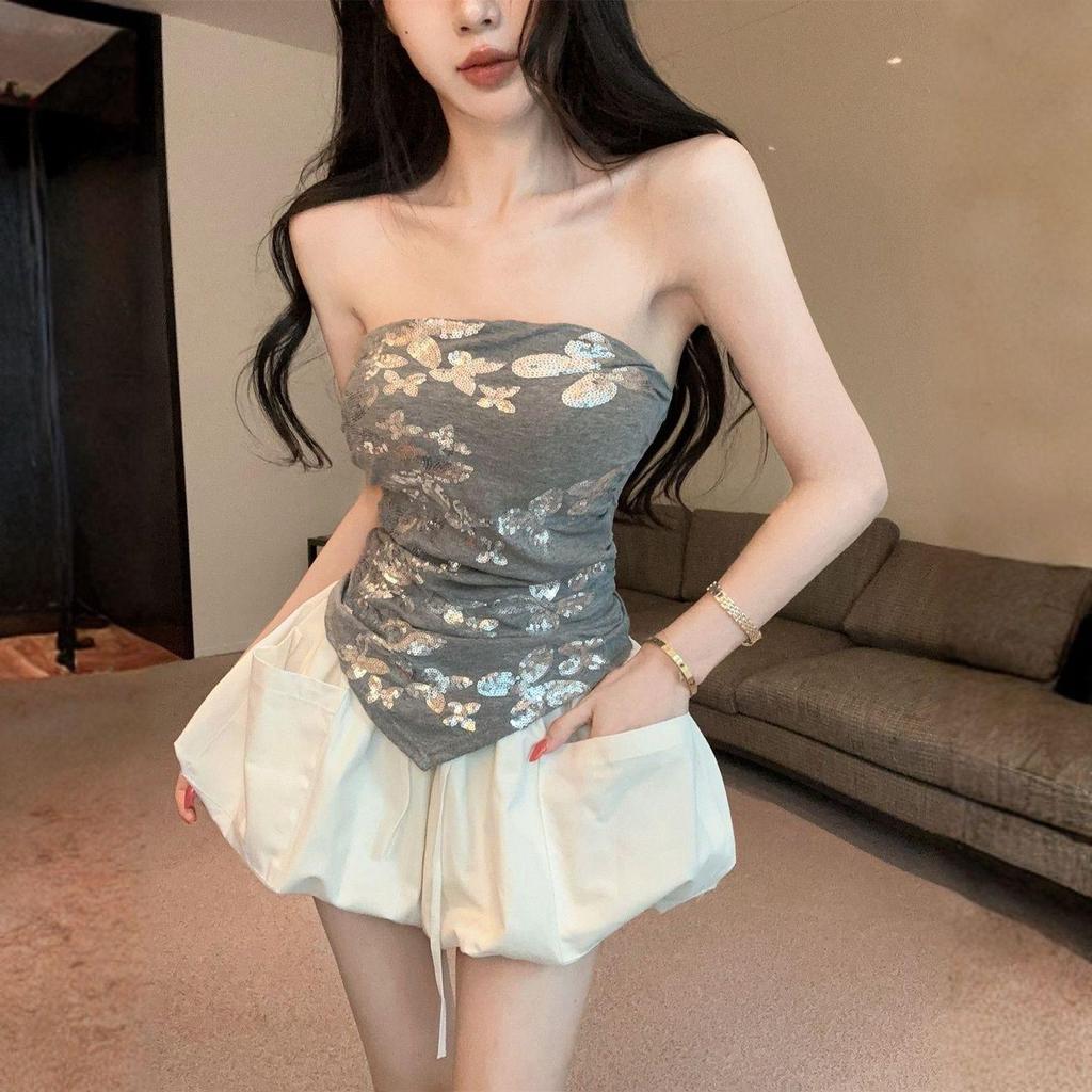 [Promoção por tempo limitado] Camisola Sweet Cool Hot Girl vem com Design de almofada no peito Lantejoulas borboleta bor