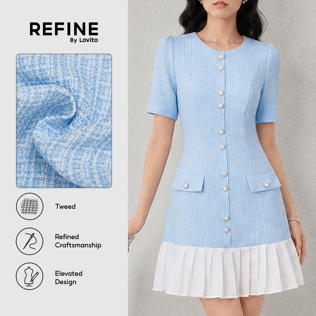 (Refine by Lovito) Vestido Elegante com Tecido Bicolor Detalhes Plissados Azul Primavera/verão para mulheres Trabalho LR35E103