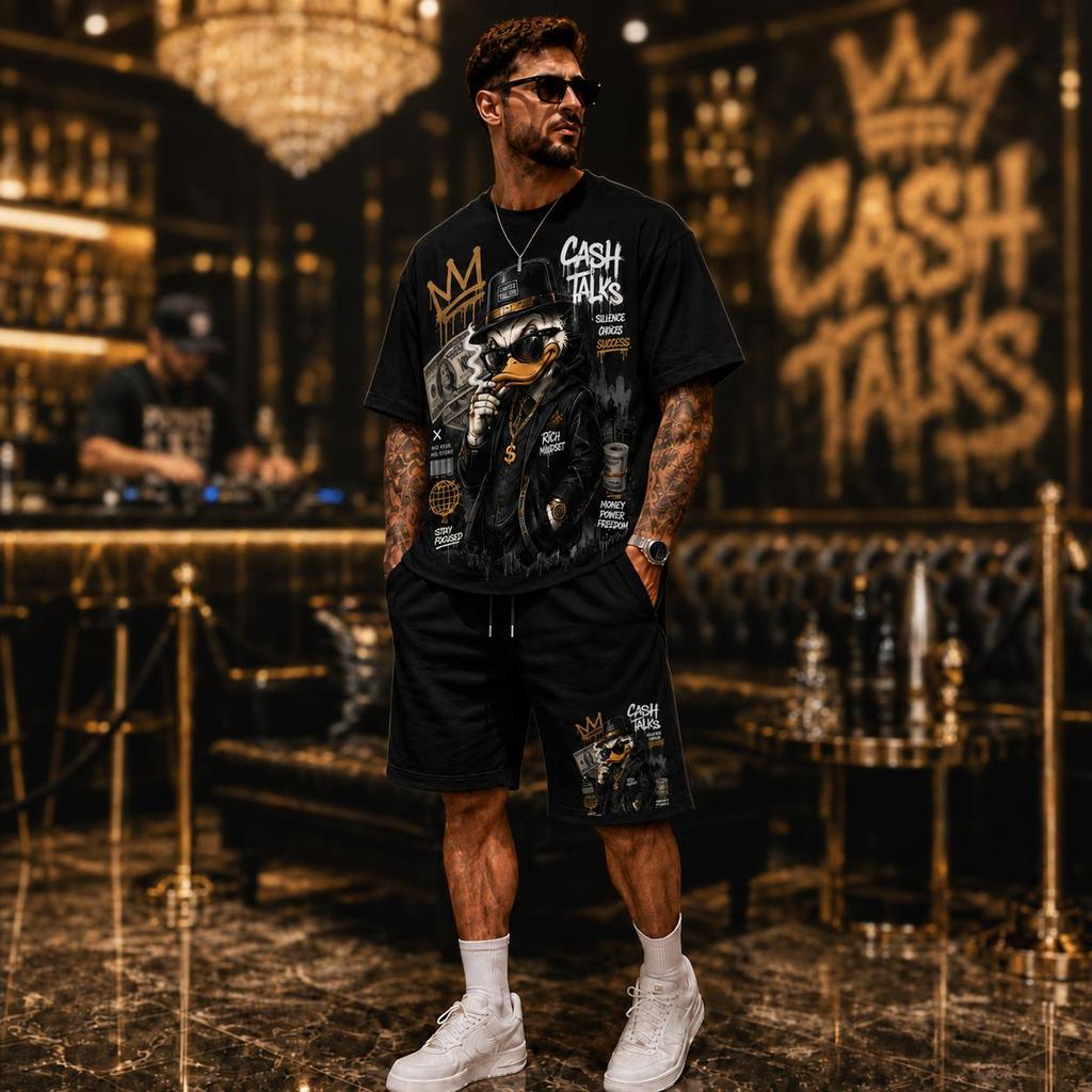 Conjunto Masculino Streetwear Pato Gangster Camiseta e Bermuda Estampada para um Look Casual