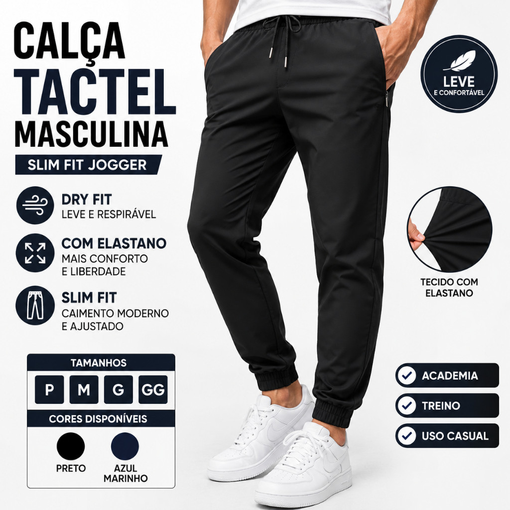 Calça Tactel Masculina Dry Fit com Elastano Slim Fit Jogger Academia Corrida Caminhada Casual
