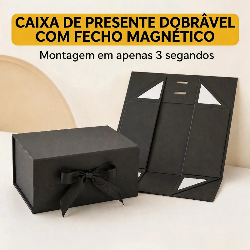 Caixa Presente Preta Dobrável com Ímã e Alça Luxo Embalagem Elegante