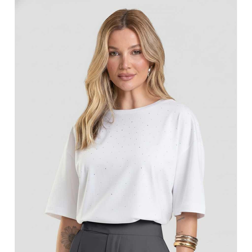 T- Shirt Box Feminina com Strass Dianna Bege