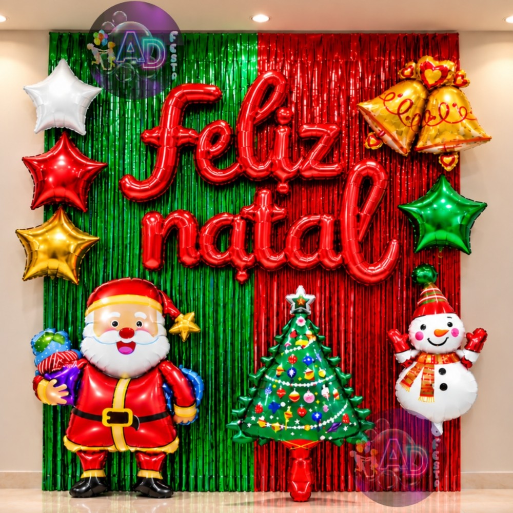 Kit Festa Natal Cortina, Balões Feliz Natal, Papai Noel, Arvore, Sino, Bota Decoração, Comemoração, Adereços,