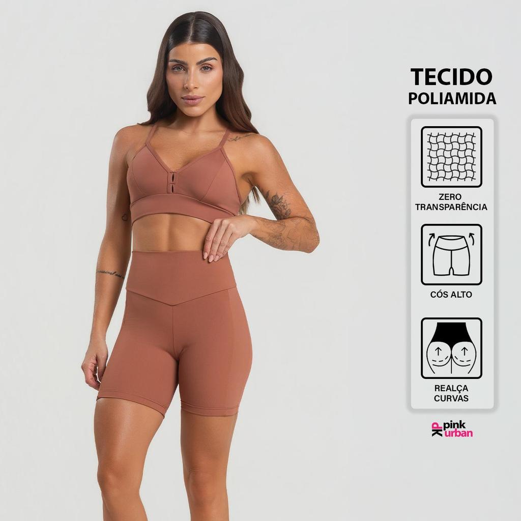 Conjunto Fitness Poliamida Com Bolso Top Alça Fina Decote V Costas Reta Short Liso Cós V Academia Treino