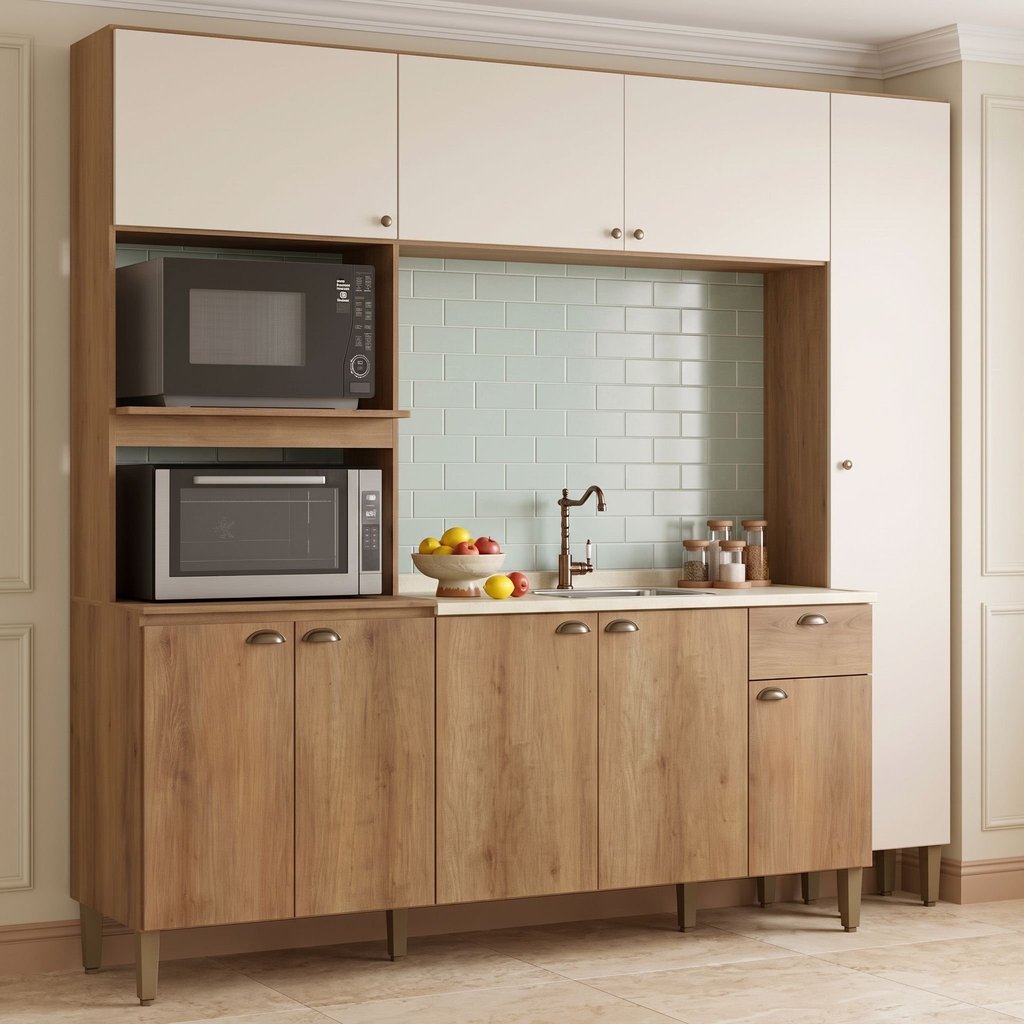 Cozinha Compacta 3 Peças com Paneleiro Torre Quente e Balcão sem Tampo Moderna Yescasa Capuccino/Off White