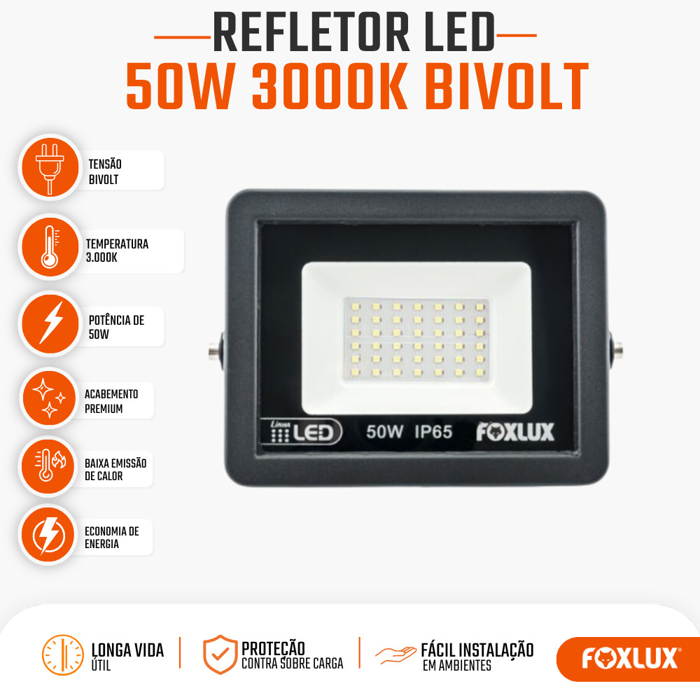 Refletor LED 50W Foxlux 3000K Branco Quente IP65 Resistente a Água Bivolt