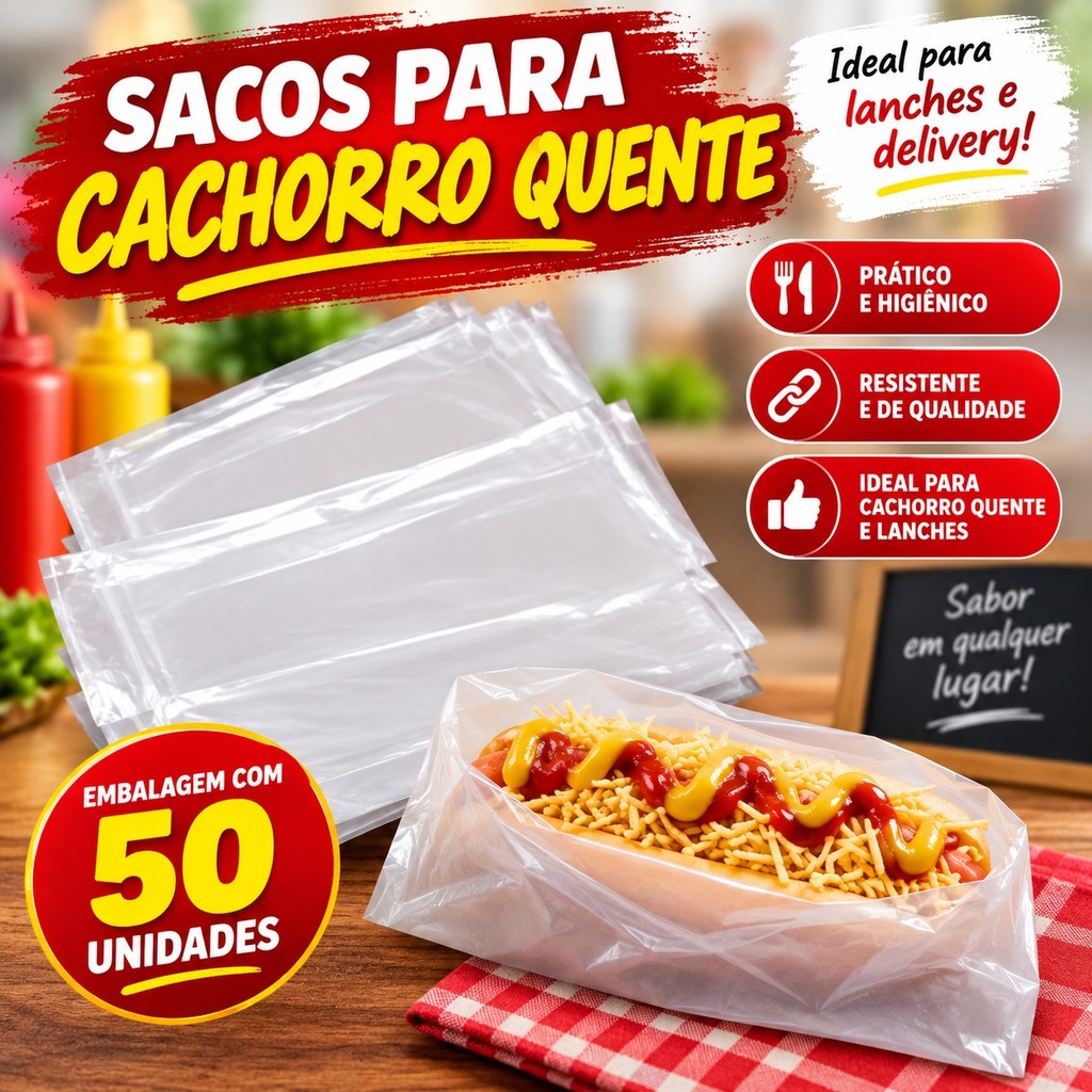 Artimagem Saco Saquinho Plástico Hotdog Hot Dog Cachorro Quente 20x10Cm C/50Und